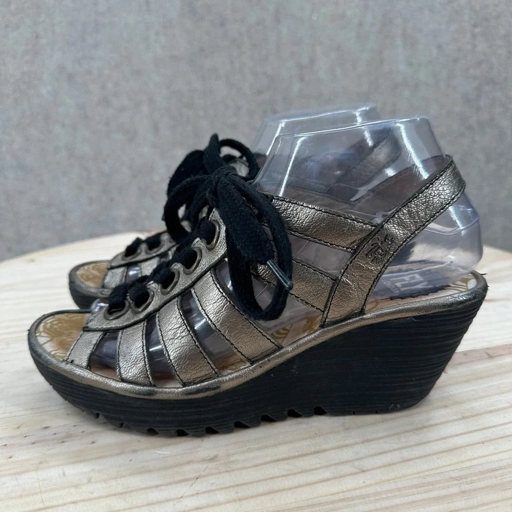 Fly London Yito Platform Sandals Womens 6.5-7 Bronze Metallic Lace Up Wedge
